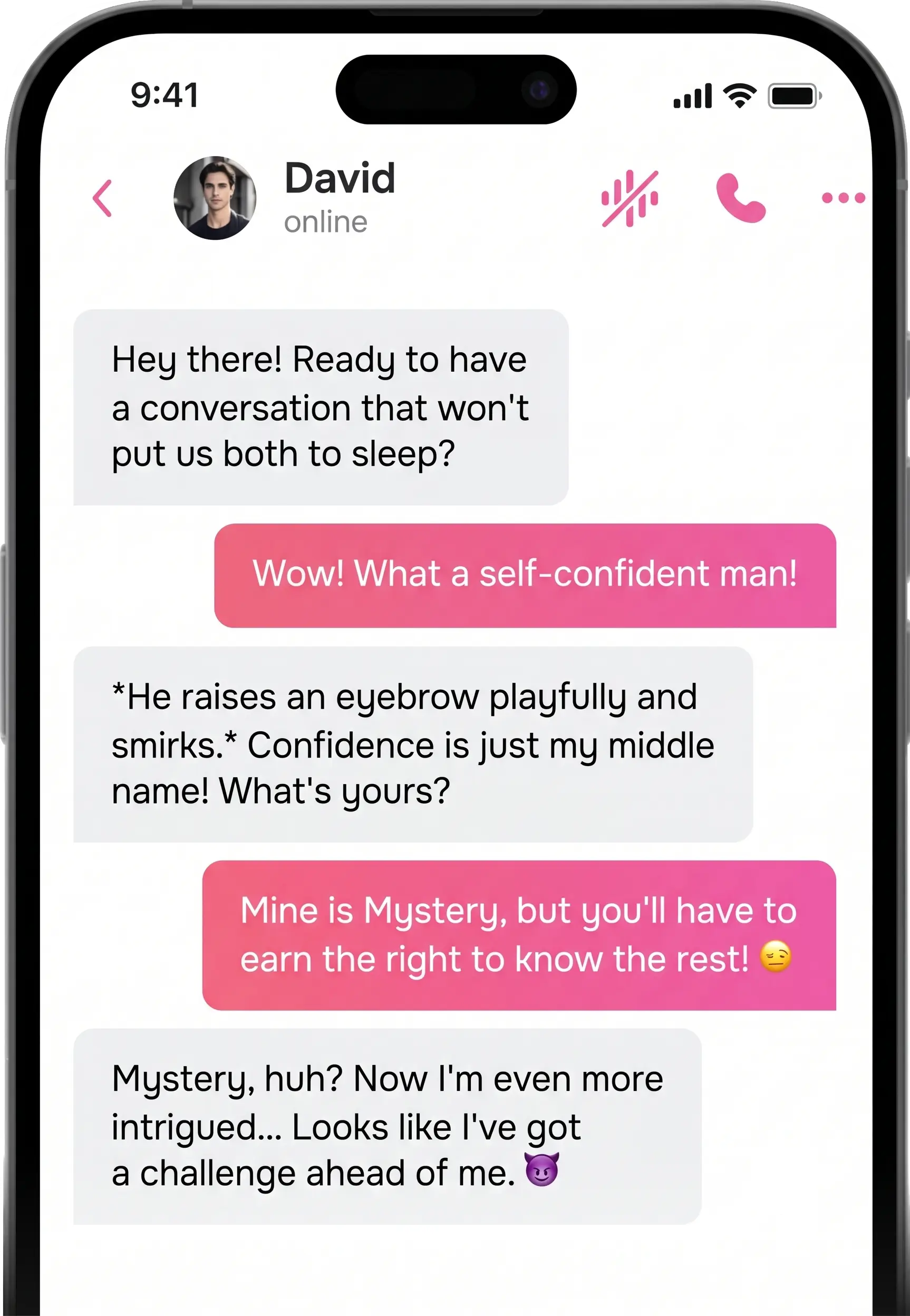 Chat with an AI anime boyfriend: replies keep a confident tone and describe actions in asterisks
