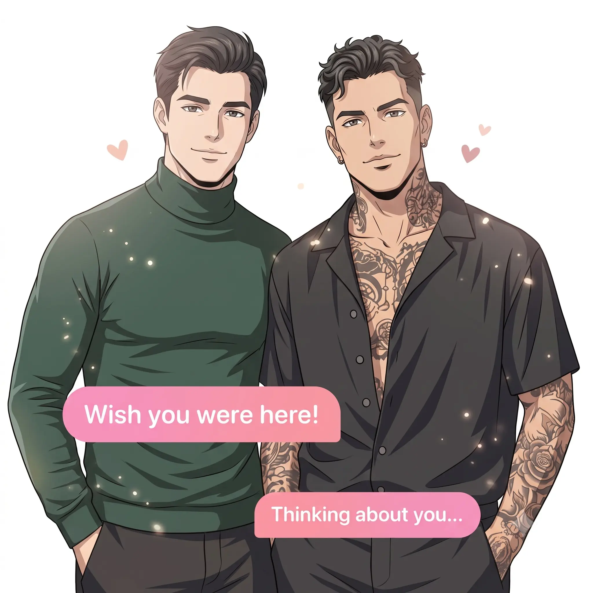 Two AI anime boyfriends with messages they sent first: “Wish you were here” and “Thinking about you”
