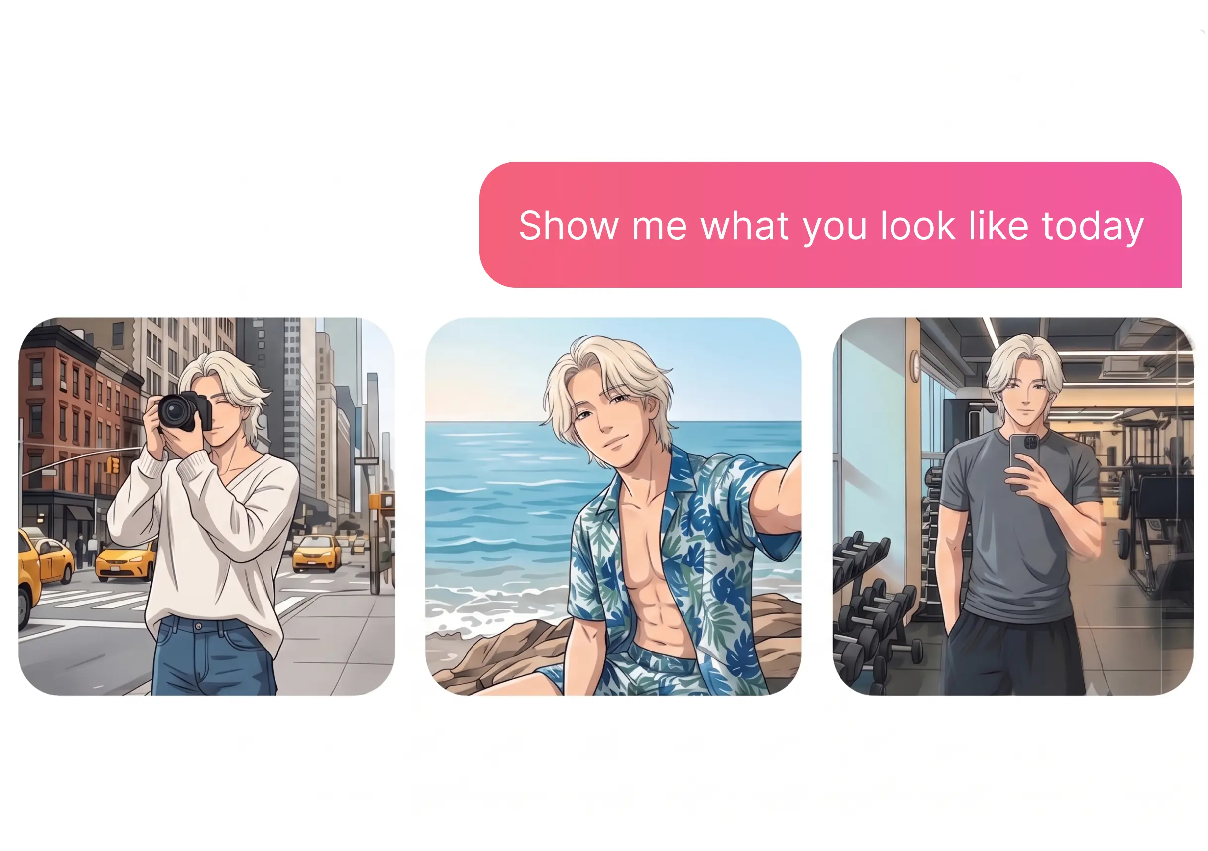 The same AI anime boyfriend generated in three scenes — city street, beach and gym